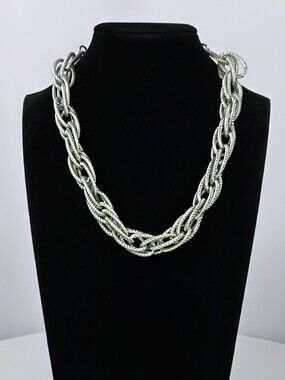 Silver Tone Textured Chain Link Statement Necklace Chunky Modern EUC